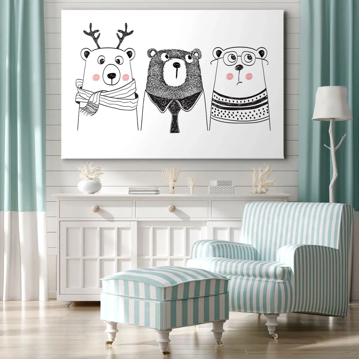 Bild auf Leinwand - Leinwandbild - Drei lustige Bären im minimalistischen Stil - 70x50cm - Teddybär, Teddybär und Bär - Moderne Wanddekoration für Wohnzimmer und Schlafzimmer ARTTOR