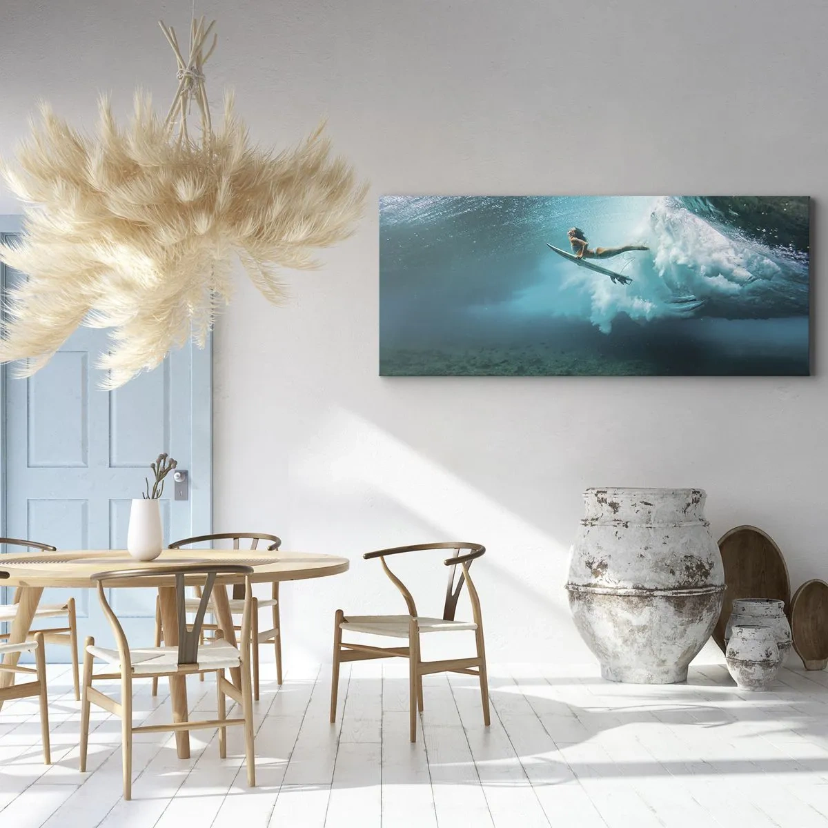 Bild auf Leinwand - Leinwandbild - Surfer unter einer Welle im blauen Ozeanwasser - 160x50cm - Unterwasserwelt - Moderne Wanddekoration für Wohnzimmer und Schlafzimmer ARTTOR