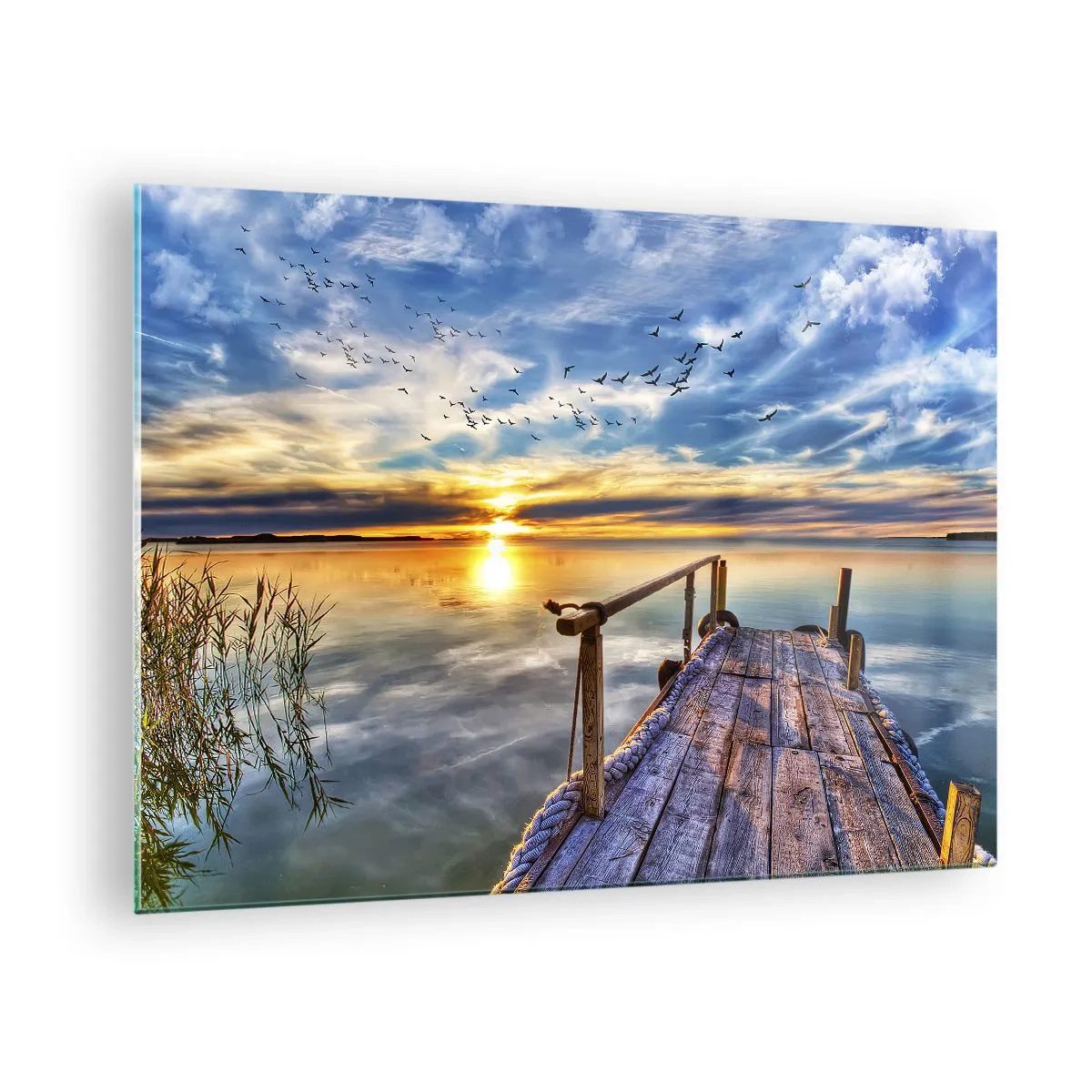 Glasbild - Bild auf glas - Lakeside Pier bei Sonnenuntergang mit Vögeln am Himmel - 70x50cm - Der Wind geht zur Ruhe - Moderne Wanddekoration für Wohnzimmer und Schlafzimmer ARTTOR