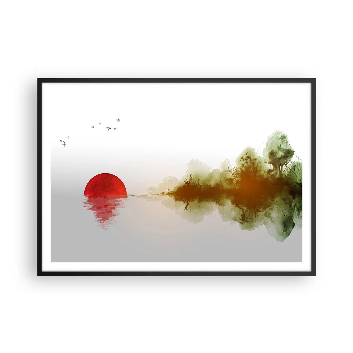 Poster in einem schwarzem Rahmen - Abstrakter Sonnenuntergang über einem See mit Reflexion - 100x70cm - Versprechen der Ruhe - Moderne Wanddekoration für Wohnzimmer und Schlafzimmer ARTTOR