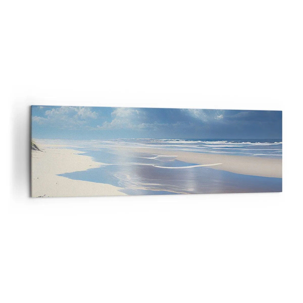 Bild auf Leinwand - Leinwandbild - Ein Sandstrand mit Wellen unter blauem Himmel - 160x50cm - Paradiesischer Urlaub - Moderne Wanddekoration für Wohnzimmer und Schlafzimmer ARTTOR