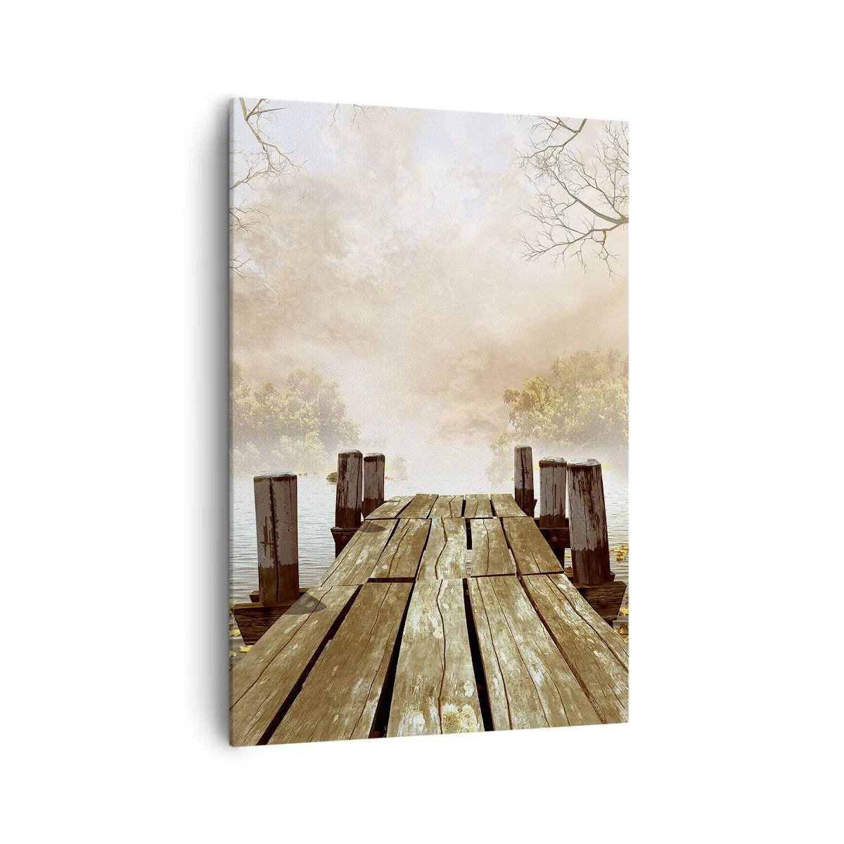 Bild auf Leinwand - Leinwandbild - Ein Holzsteg, der im Morgennebel auf einen ruhigen See führt - 70x100cm - Die milde Traurigkeit des Herbstes - Moderne Wanddekoration für Wohnzimmer und Schlafzimmer ARTTOR