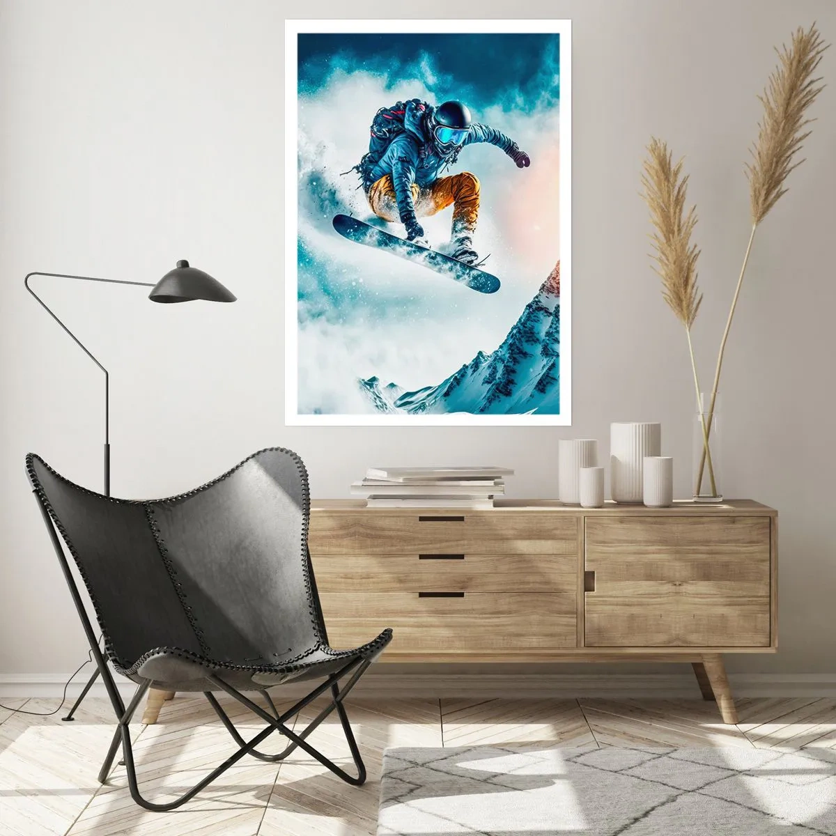 Poster - Ein Snowboarder fliegt über einen schneebedeckten Berggipfel - 50x70cm - Extreme Emotionen - Moderne Wanddekoration für Wohnzimmer und Schlafzimmer ARTTOR