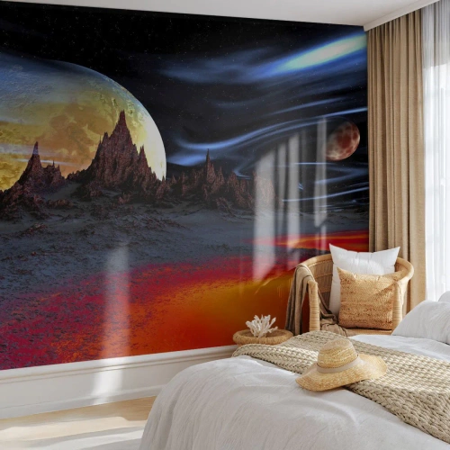Fototapete Premium Sand - Weltraumlandschaft mit Mond und heißer Lava - 100x70cm - Unbekannte Welt - Moderne Wanddekoration für Wohnzimmer und Schlafzimmer ARTTOR