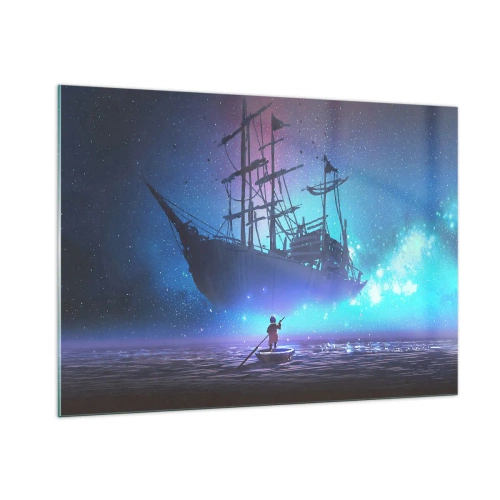 Glasbild - Bild auf glas - Ein Nachtschiff, das in einer magischen Aura über dem Wasser schwebt - 100x70cm - Begegnung mit dem Mythos des Meeres - Moderne Wanddekoration für Wohnzimmer und Schlafzimmer ARTTOR