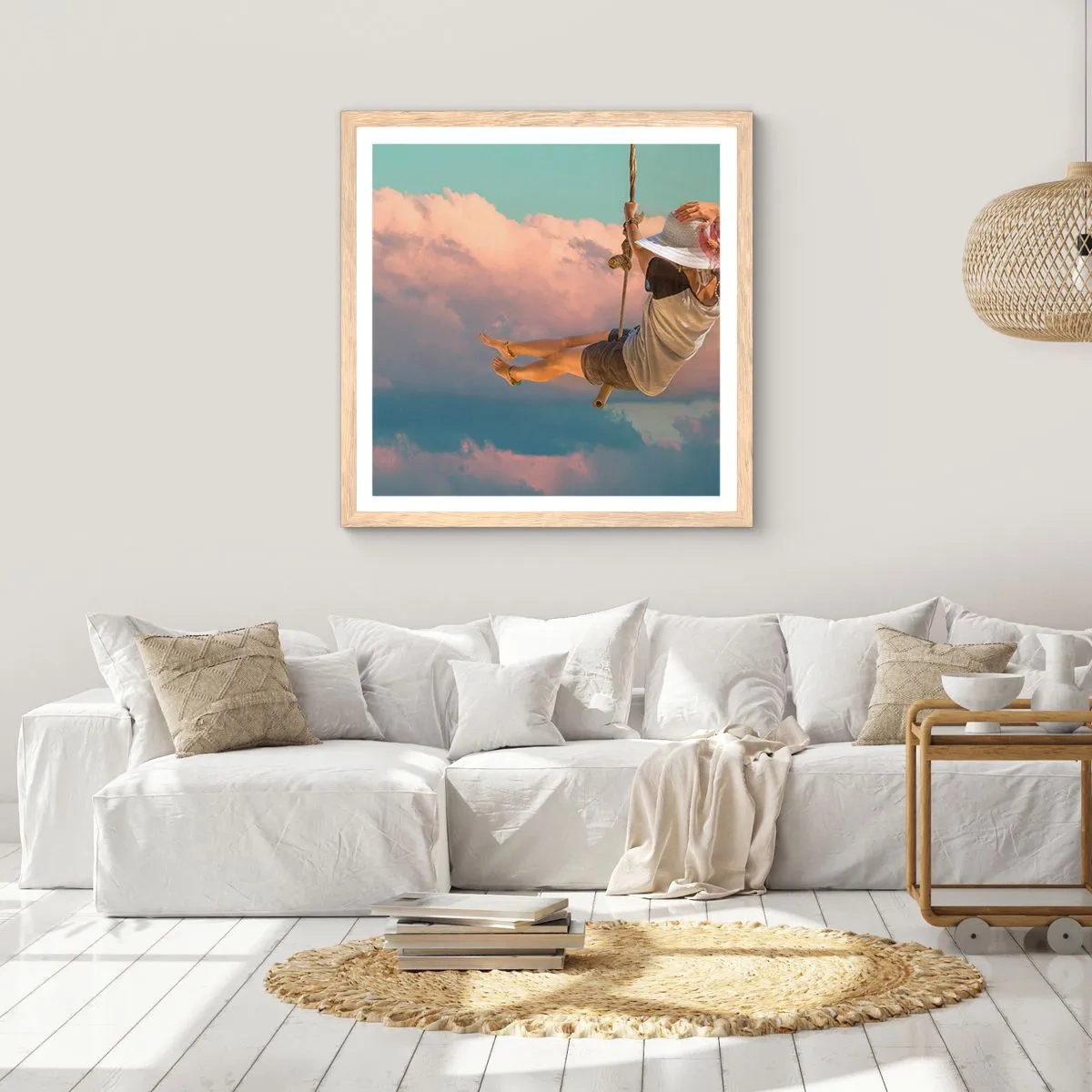 Poster in einem Rahmen aus heller Eiche - Spaß in den Wolken - 60x60 cm