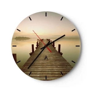 Wanduhr - Glasuhr - Ein Holzsteg bei Sonnenaufgang über einem ruhigen See - 30x30cm - Tagesanbruch, Morgendämmerung, Licht - Moderne Wanddekoration für Wohnzimmer, Küche und Schlafzimmer ARTTOR