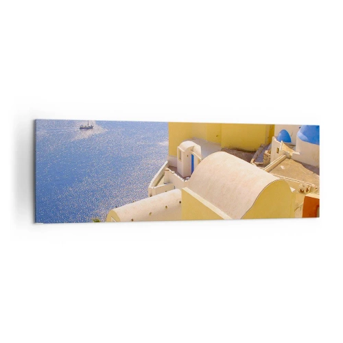 Bild auf Leinwand - Leinwandbild - Griechische Architektur mit Meerblick und einem Boot im Hintergrund - 160x50cm - Griechische Landschaft in Weiß und Blau - Moderne Wanddekoration für Wohnzimmer und Schlafzimmer ARTTOR
