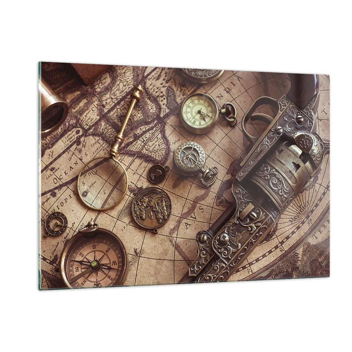 Glasbild - Bild auf glas - Antike Objekte und eine Karte - 120x80cm - Das Abenteuer ruft - Moderne Wanddekoration für Wohnzimmer und Schlafzimmer ARTTOR