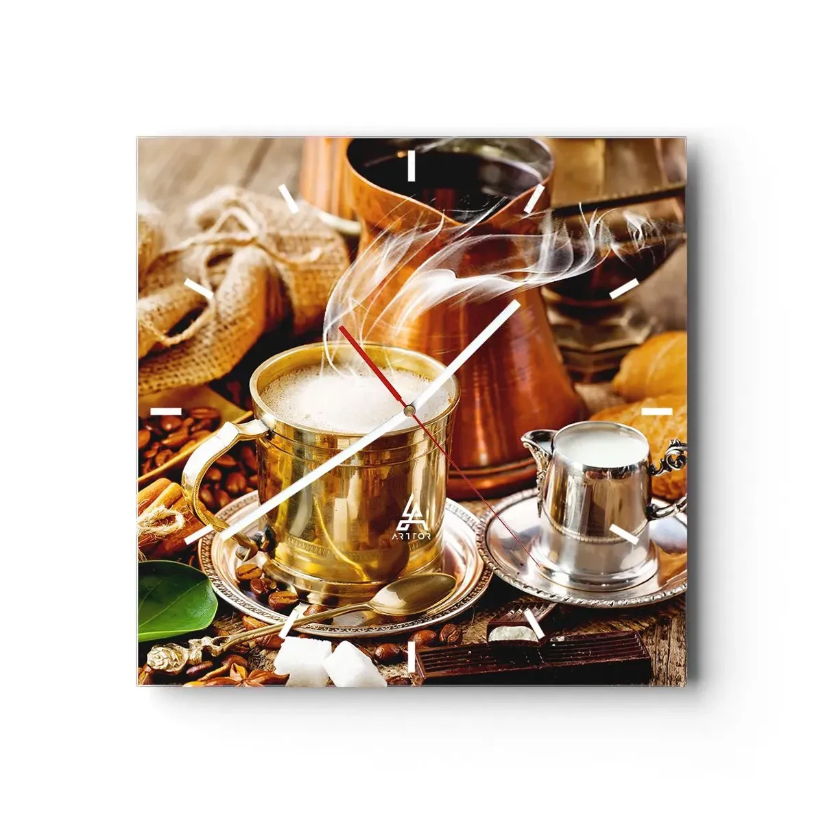 Wanduhr - Glasuhr - Eine goldene Tasse Kaffee, umgeben von Bohnen, Krügen und Croissants - 30x30cm - Schönen Tag noch! - Moderne Wanddekoration für Wohnzimmer und Schlafzimmer ARTTOR