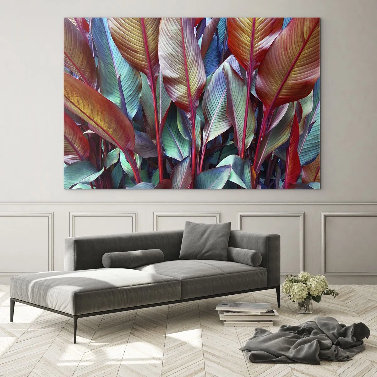 Glasbild - Bild auf glas - Ein buntes Blätterdickicht in Rot-, Grün- und Lilatönen - 70x50cm - Buntes Dickicht - Moderne Wanddekoration für Wohnzimmer und Schlafzimmer ARTTOR