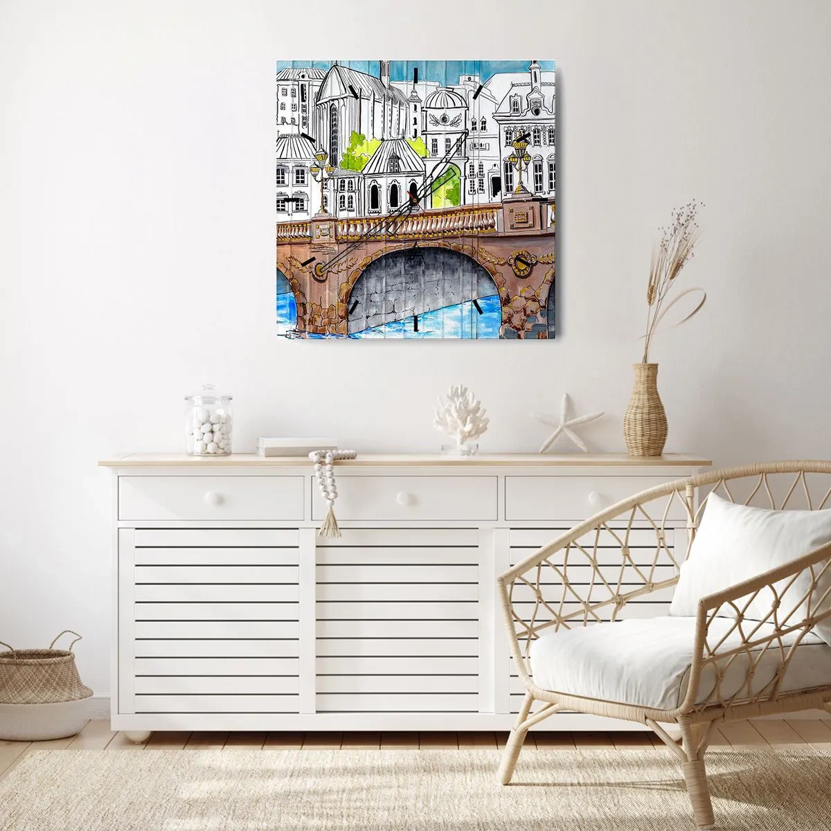 Wanduhr - Glasuhr - Zeichnung der Brücke und historische Stadtarchitektur - 30x30cm - Die Stadt ist gemalt - Moderne Wanddekoration für Wohnzimmer und Schlafzimmer ARTTOR