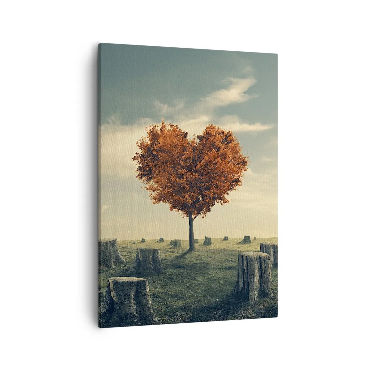 Bild auf Leinwand - Leinwandbild - Ein herzförmiger Baum in einem Feld aus Baumstümpfen, ein Symbol der Hoffnung - 50x70cm - Es gibt noch Hoffnung - Moderne Wanddekoration für Wohnzimmer und Schlafzimmer ARTTOR