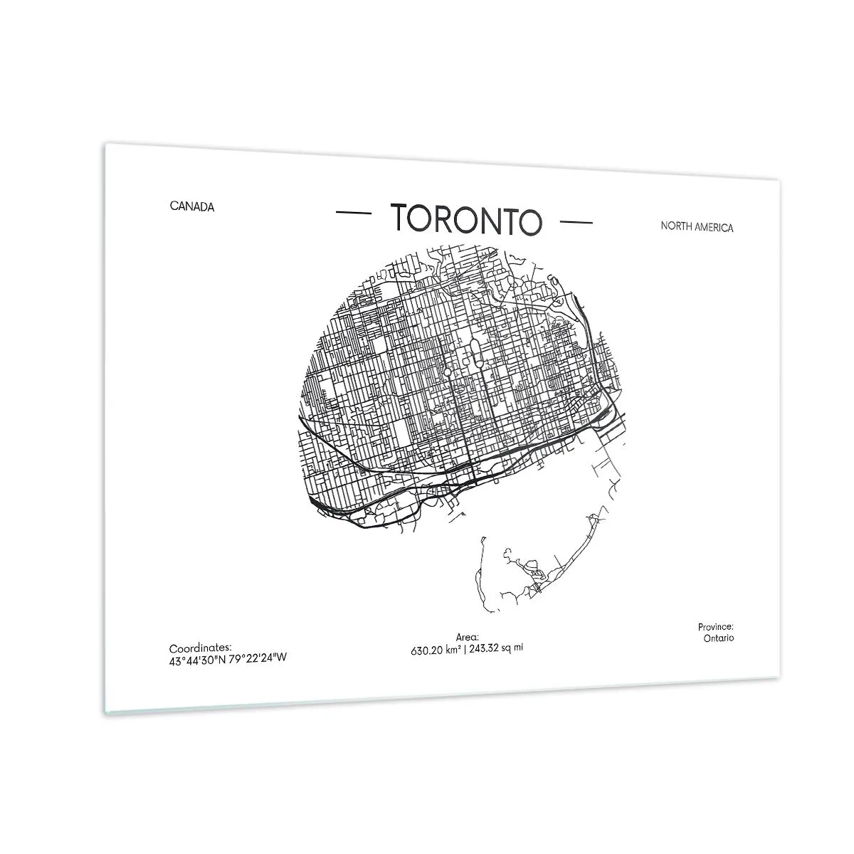 Glasbild - Bild auf glas - Eine minimalistische Karte von Toronto mit einem Straßenraster. - 70x50cm - Anatomie von Toronto - Moderne Wanddekoration für Wohnzimmer und Schlafzimmer ARTTOR