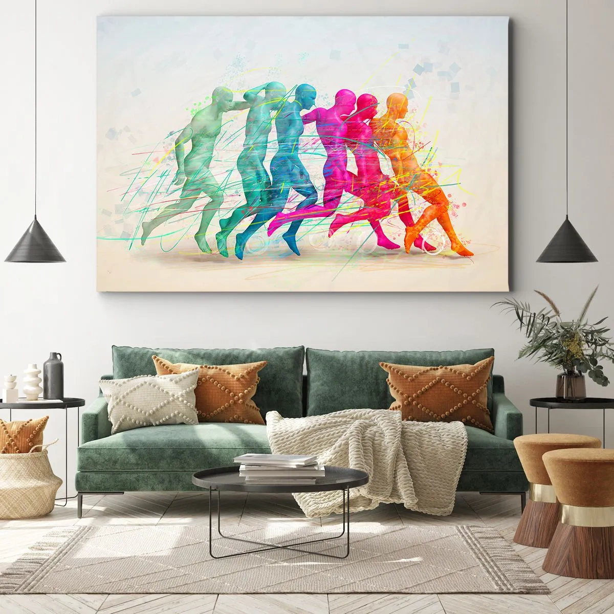 Bild auf Leinwand - Leinwandbild - Bunte Silhouetten von Läufern in Bewegung - 70x50cm - Harmonie der Bewegung - Moderne Wanddekoration für Wohnzimmer und Schlafzimmer ARTTOR
