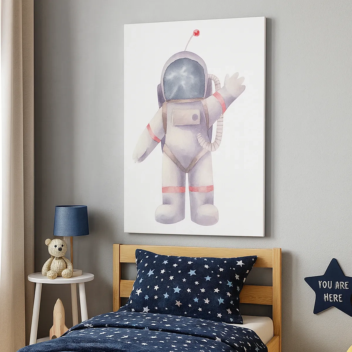 Bild auf Leinwand - Leinwandbild - Astronaut im Aquarellstil auf weißem Hintergrund - 50x70cm - Bis dann! - Moderne Wanddekoration für Wohnzimmer und Schlafzimmer ARTTOR
