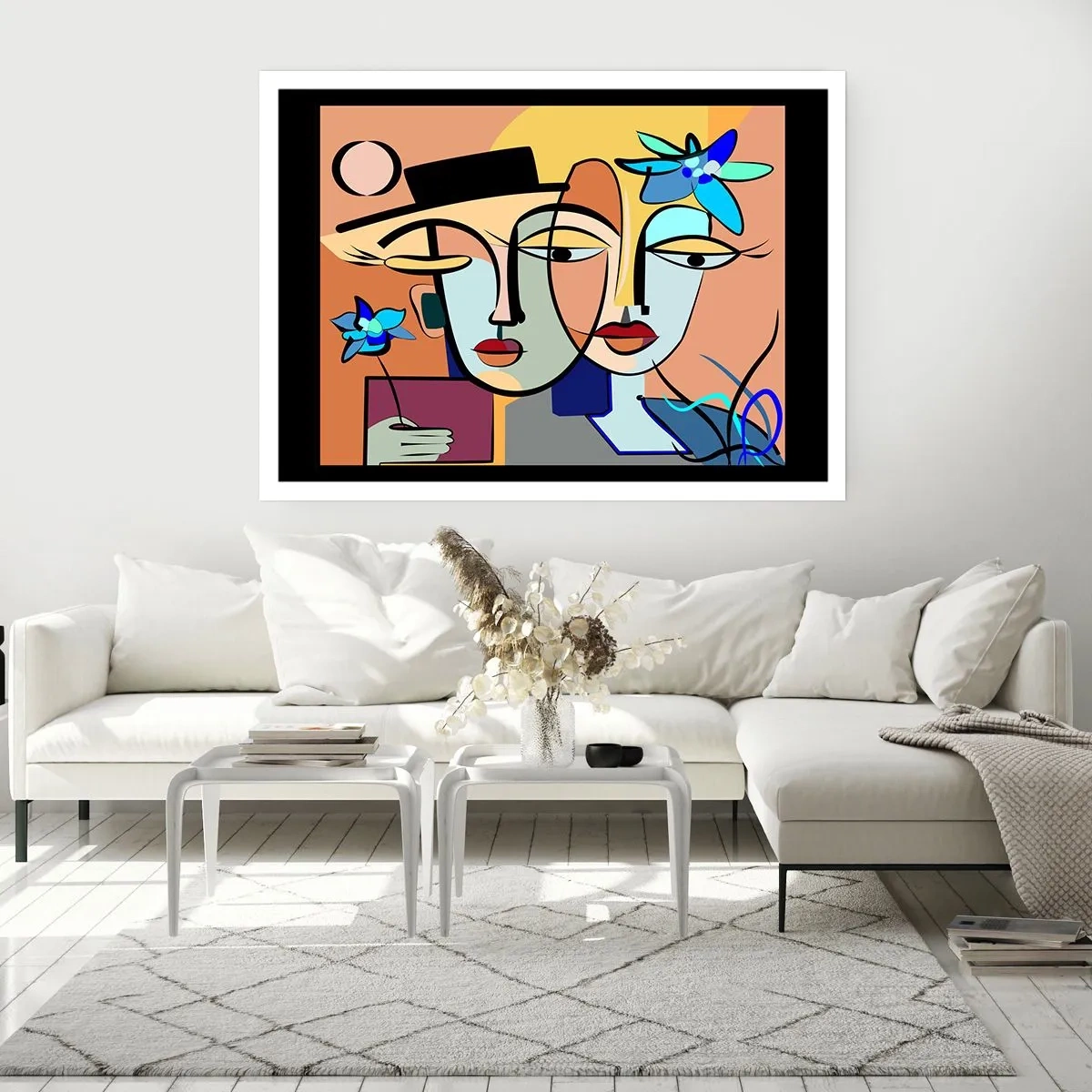 Poster - Kubistische Porträts in leuchtenden Farben mit floralem Motiv - 100x70cm - Picassos randez vous - Moderne Wanddekoration für Wohnzimmer und Schlafzimmer ARTTOR