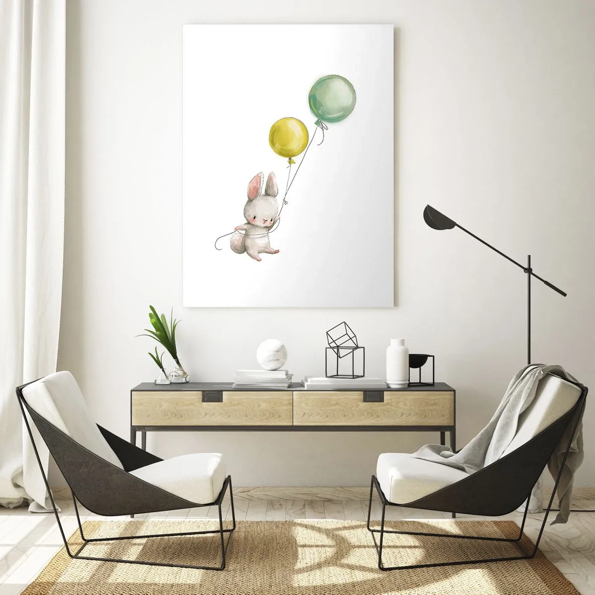 Glasbild - Bild auf glas - Ein Kaninchen hält pastellfarbene Luftballons - 70x100cm - Ich werde auch fliegen! - Moderne Wanddekoration für Wohnzimmer und Schlafzimmer ARTTOR