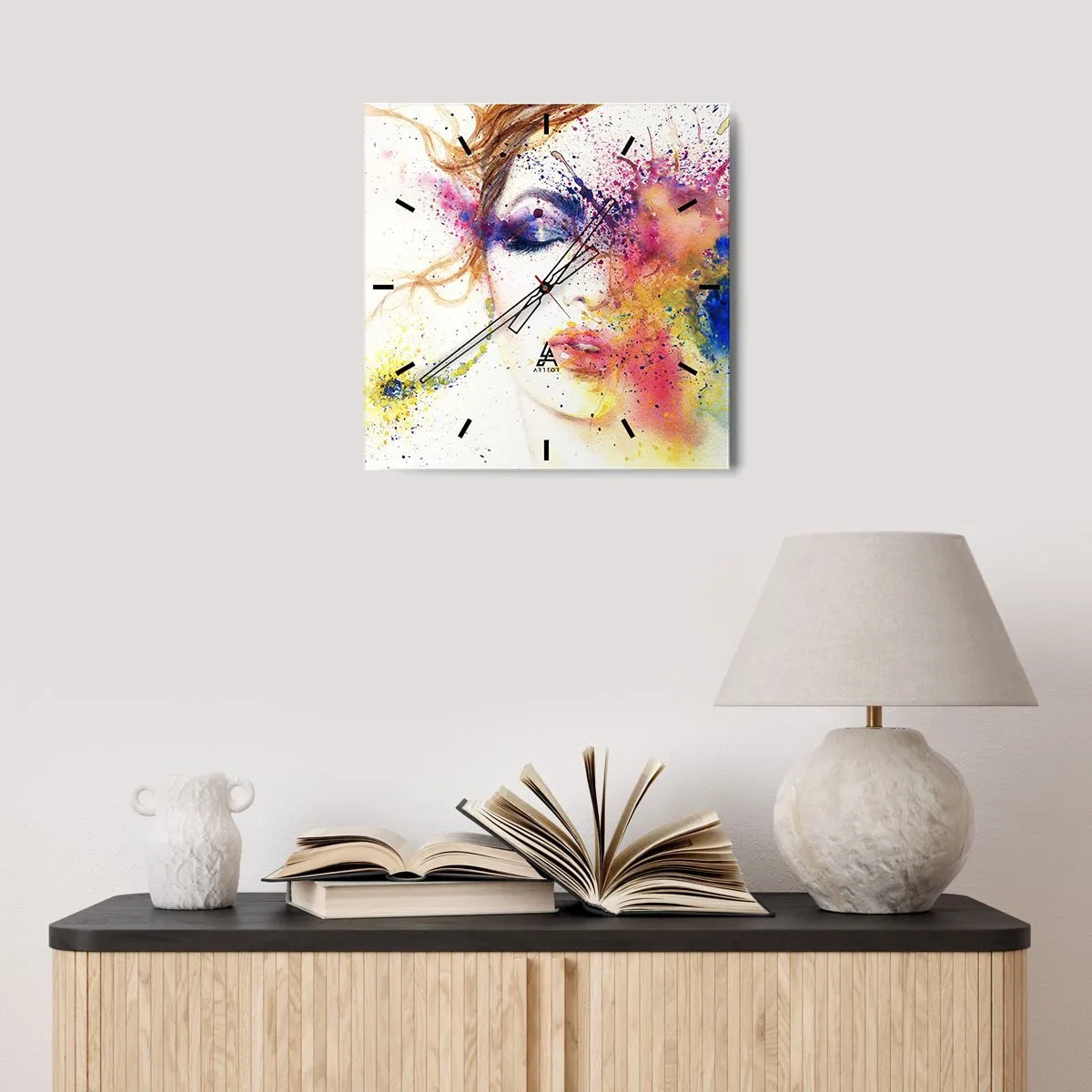 Wanduhr - Glasuhr - Ein künstlerisches Frauenportrait in ausdrucksstarken Aquarellfarben. - 30x30cm - Regenbogenschwindel - Moderne Wanddekoration für Wohnzimmer und Schlafzimmer ARTTOR