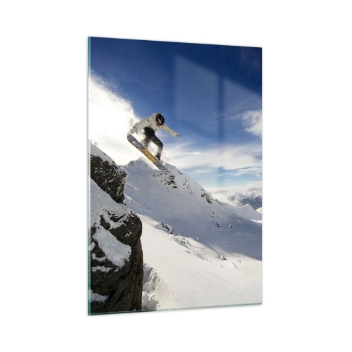 Glasbild - Bild auf glas - Ein Snowboarder springt im Winter von einer Klippe in den Bergen - 50x70cm - Freiheit ohne Grenzen - Moderne Wanddekoration für Wohnzimmer und Schlafzimmer ARTTOR