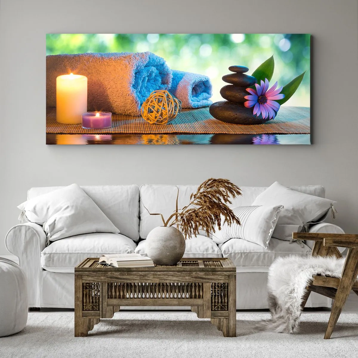 Bild auf Leinwand - Leinwandbild - Entspannendes SPA-Set mit Handtüchern, Kerzen und Steinen - 140x50cm - Zeit für den Körper - Moderne Wanddekoration für Wohnzimmer und Schlafzimmer ARTTOR