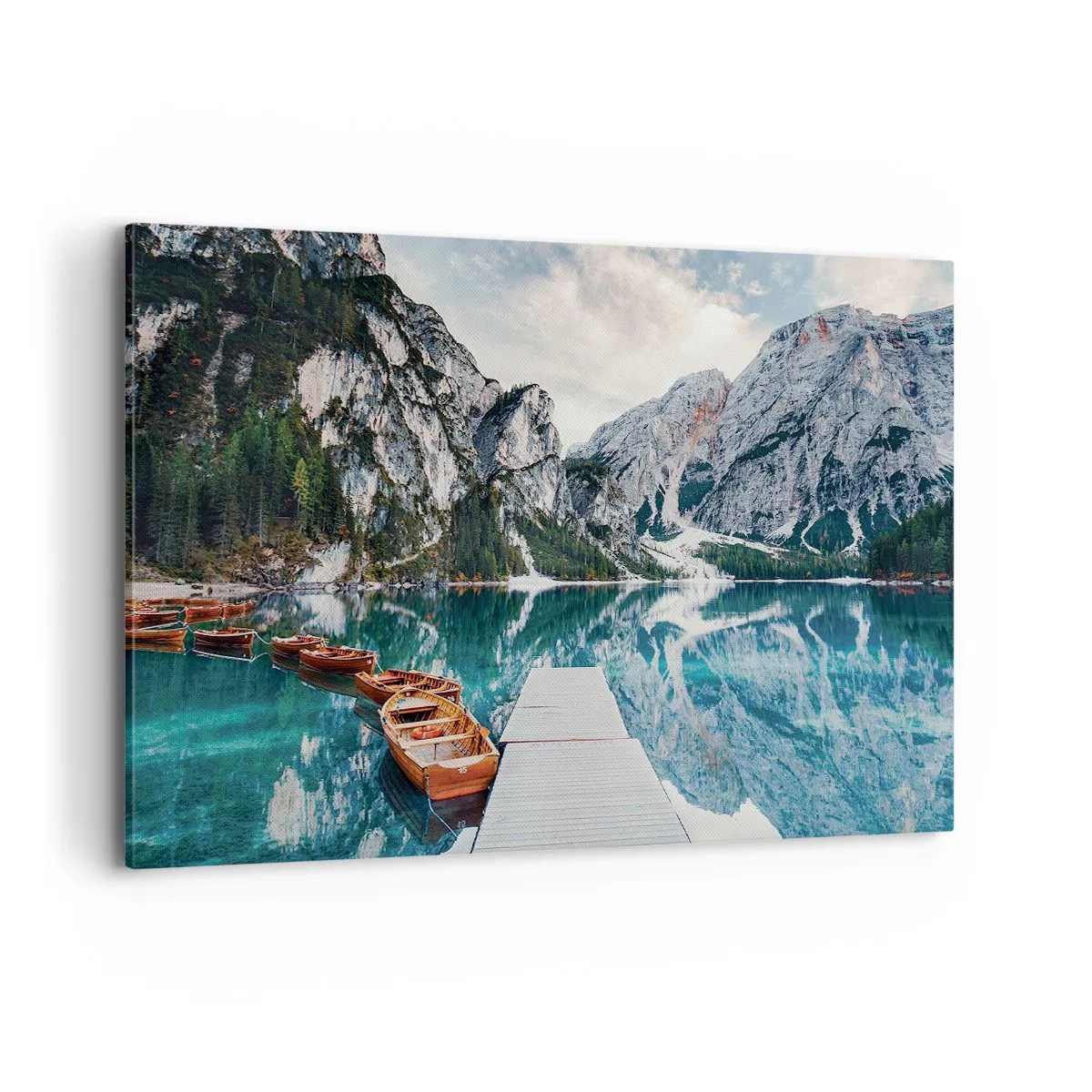 Bild auf Leinwand - Leinwandbild - Ein See mit Booten, umgeben von Bergen - 120x80cm - Wir zeigen Ihnen Schönheit - Moderne Wanddekoration für Wohnzimmer und Schlafzimmer ARTTOR
