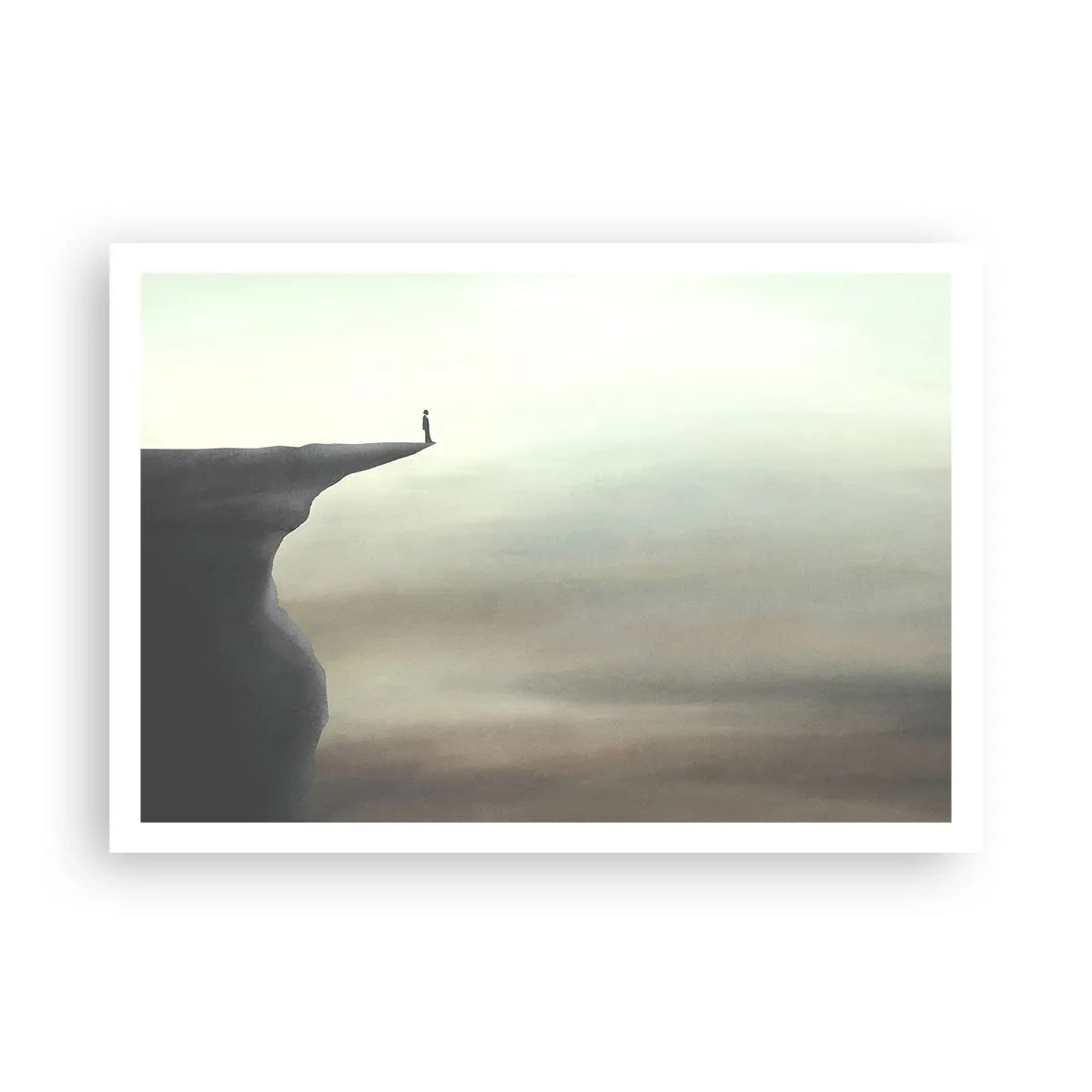 Poster - Silhouette einer Figur am Rand einer Klippe in einer nebligen Landschaft - 100x70cm - Nach oben, natürlich! - Moderne Wanddekoration für Wohnzimmer und Schlafzimmer ARTTOR