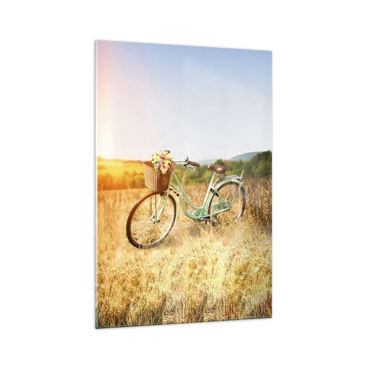 Glasbild - Bild auf glas - Ein Retro-Fahrrad mit einem Korb voller Blumen vor einem Wiesenhintergrund. - 70x100cm - Ich bleibe eine Weile hier - Moderne Wanddekoration für Wohnzimmer und Schlafzimmer ARTTOR