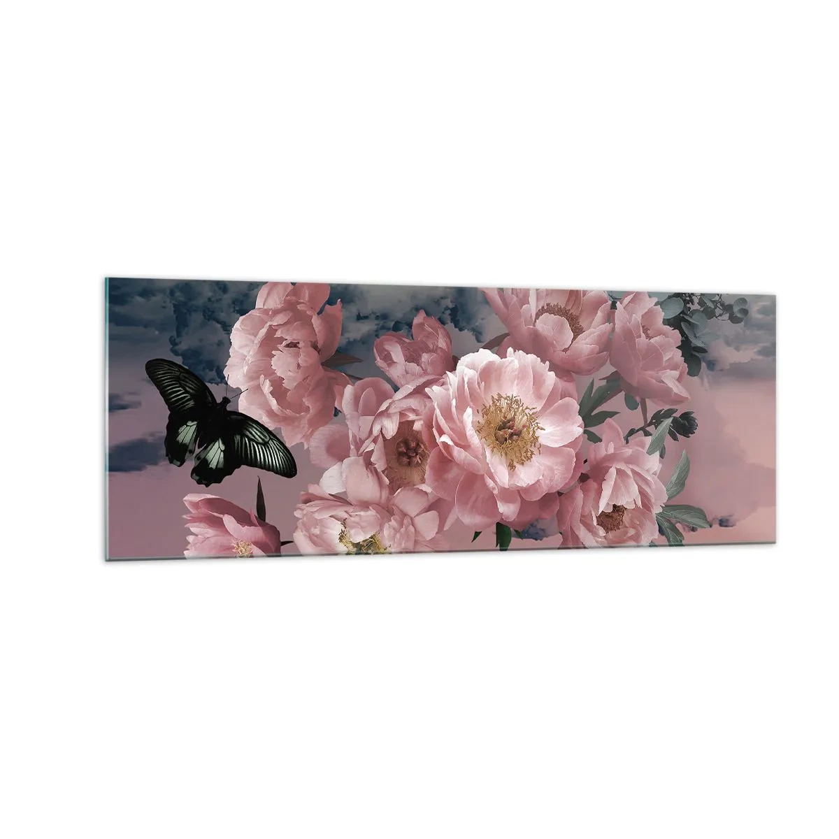 Glasbild - Bild auf glas - Rosa Pfingstrosen mit einem Schmetterling auf pastellfarbenem Hintergrund - 140x50cm - Der Höhepunkt der Romantik - Moderne Wanddekoration für Wohnzimmer und Schlafzimmer ARTTOR