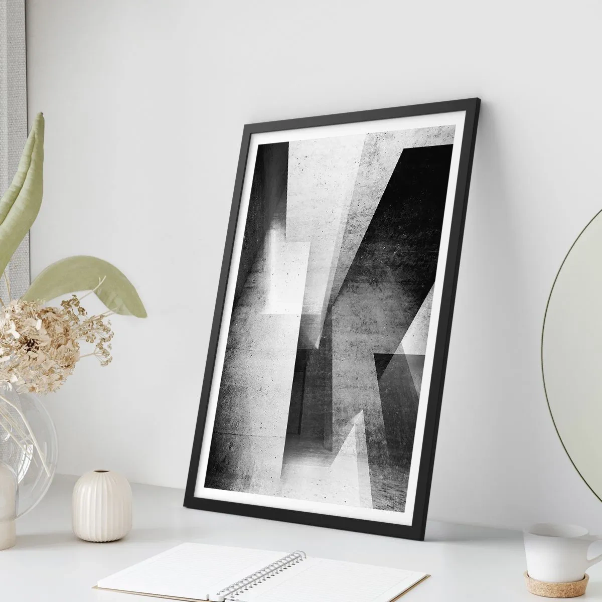 Poster in einem schwarzem Rahmen - Geometrische Abstraktion in Schwarz und Weiß - 50x70cm - Die Raumstruktur - Moderne Wanddekoration für Wohnzimmer und Schlafzimmer ARTTOR