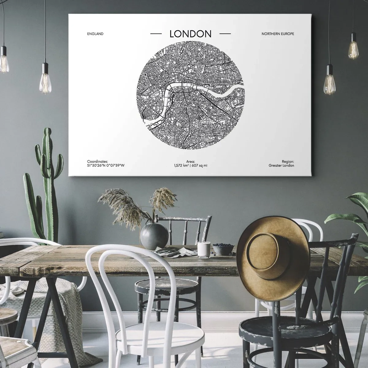 Bild auf Leinwand - Leinwandbild - Eine minimalistische Karte von London in Schwarzweiß mit präzisen Details. - 120x80cm - Anatomie von London - Moderne Wanddekoration für Wohnzimmer und Schlafzimmer ARTTOR