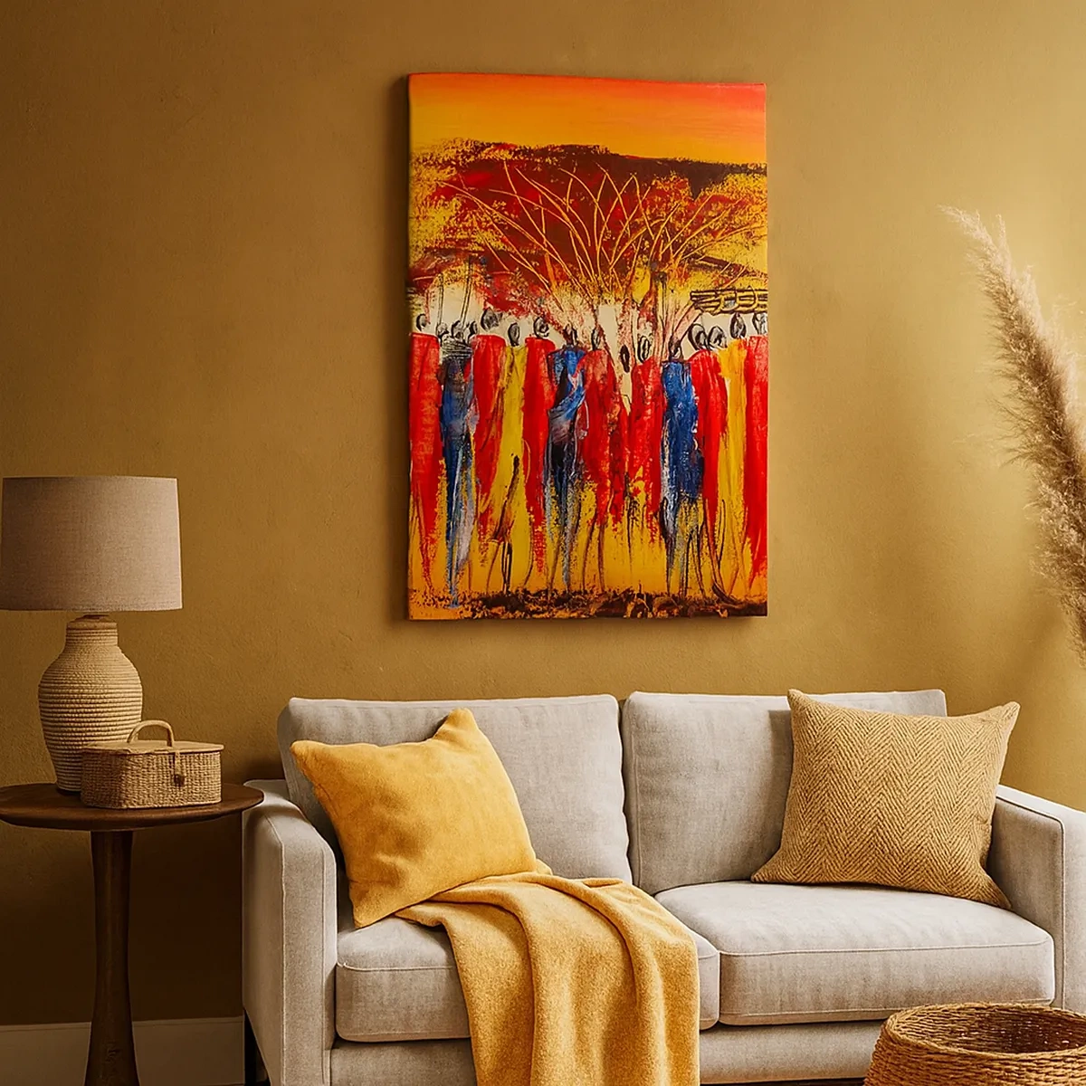 Bild auf Leinwand - Leinwandbild - Eine farbenfrohe Szene mit afrikanischen Figuren vor dem Hintergrund der untergehenden Sonne. - 50x70cm - Dort, dort, dort gehen sie - Moderne Wanddekoration für Wohnzimmer und Schlafzimmer ARTTOR