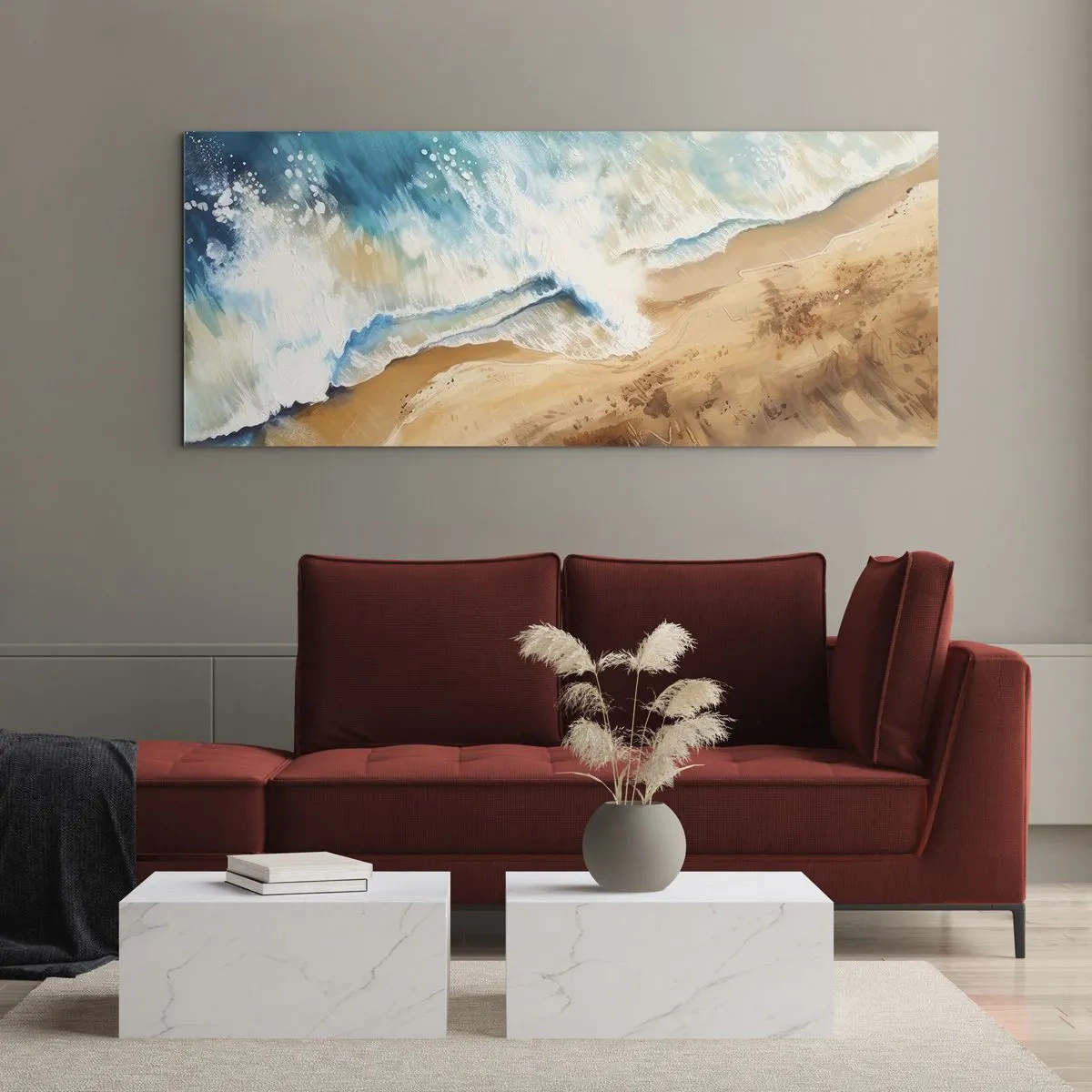 Glasbild - Bild auf glas - Eine Meereswelle, die gegen den Sandstrand prallt - 160x50cm - Zurückkehrende Welle - Moderne Wanddekoration für Wohnzimmer und Schlafzimmer ARTTOR