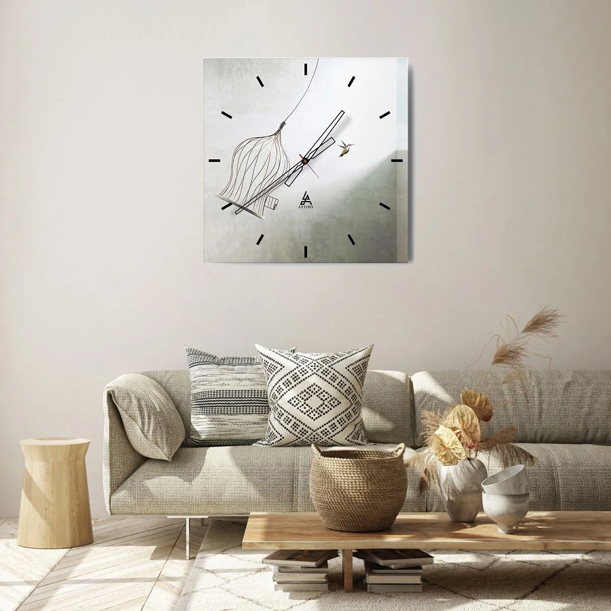 Wanduhr - Glasuhr - Ein aus einem Käfig befreiter Vogel vor dem Hintergrund eines hellen Himmels - 30x30cm - In seinem Element - Moderne Wanddekoration für Wohnzimmer und Schlafzimmer ARTTOR