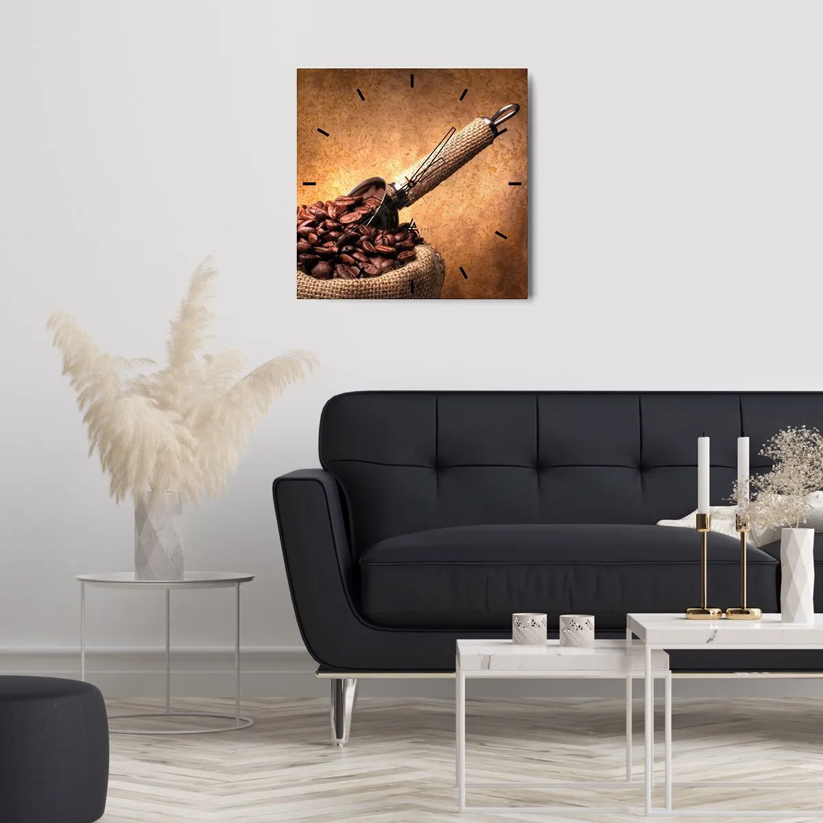 Wanduhr - Glasuhr - Kaffeebohnen in einem Jutebeutel mit einem Metalllöffel - 30x30cm - An der Quelle des Geschmacks - Moderne Wanddekoration für Wohnzimmer und Schlafzimmer ARTTOR