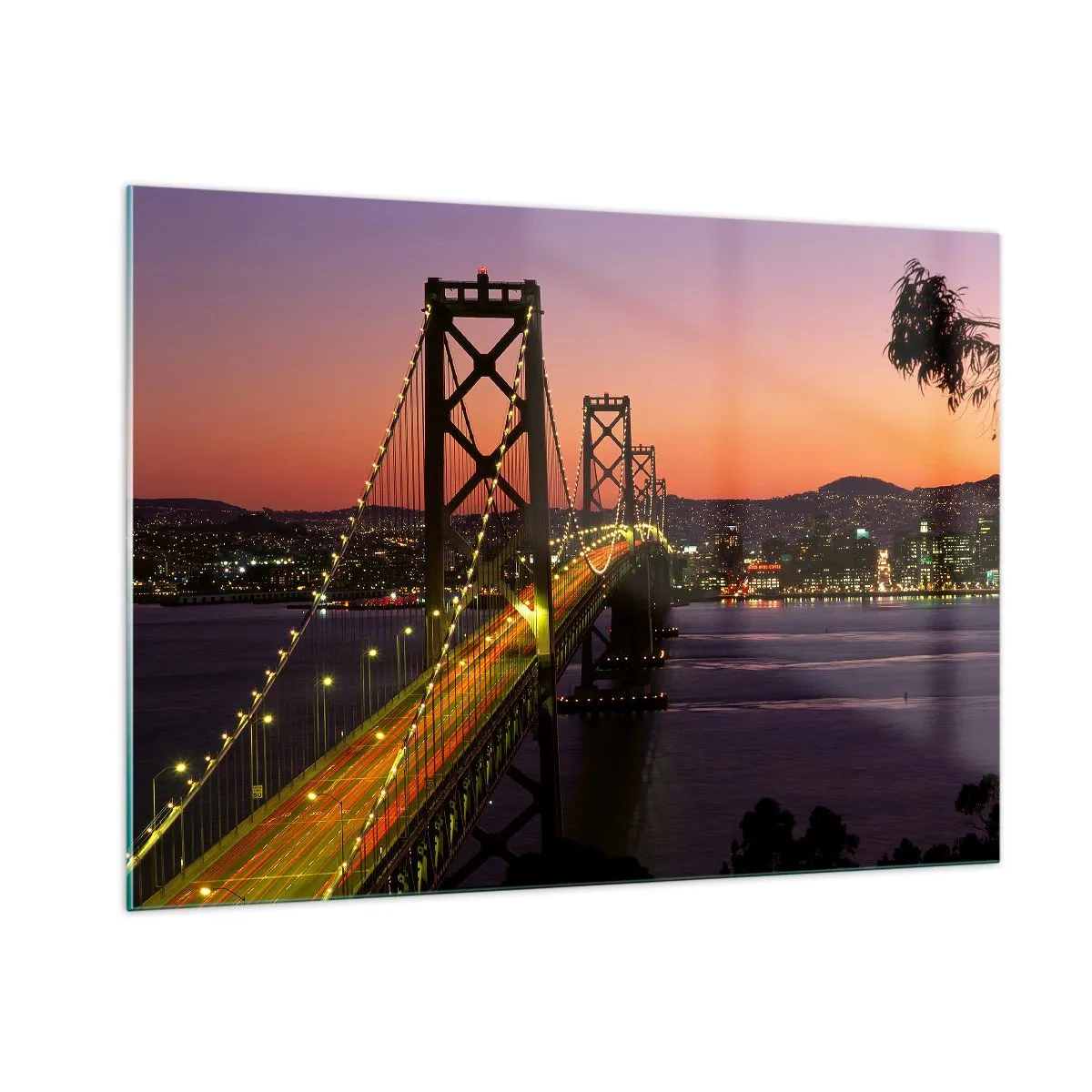 Glasbild - Bild auf glas - Die Brücke bei Nacht in der Stadt und Sonnenuntergangslicht - 100x70cm - Violetter Abend - Moderne Wanddekoration für Wohnzimmer und Schlafzimmer ARTTOR