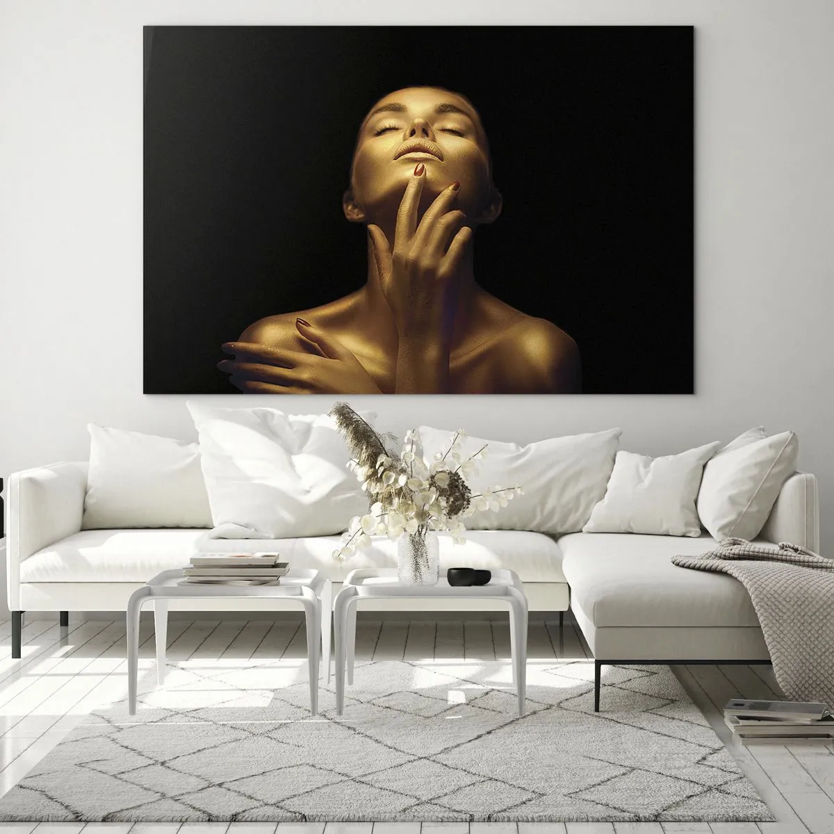 Glasbild - Bild auf glas - Porträt einer Frau in goldenen Farbtönen - 70x50cm - Wie goldene Seide - Moderne Wanddekoration für Wohnzimmer und Schlafzimmer ARTTOR