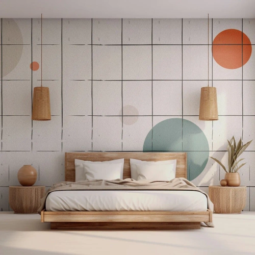 Fototapete Premium Sand - Farbige Kreise auf einem Hintergrund aus einem Raster aus dünnen schwarzen Linien - 100x70cm - Gefangen. Wir oder sie? - Moderne Wanddekoration für Wohnzimmer und Schlafzimmer ARTTOR