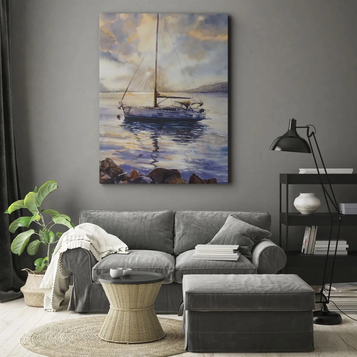 Bild auf Leinwand - Leinwandbild - Eine Yacht auf ruhigem Meer bei Sonnenuntergang - 80x120cm - Abend in der Bucht - Moderne Wanddekoration für Wohnzimmer und Schlafzimmer ARTTOR
