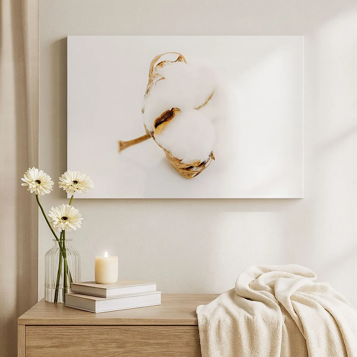 Bild auf Leinwand - Leinwandbild - Ein Baumwollzweig auf hellem Hintergrund in minimalistischem Ansatz - 70x50cm - Von Natur aus weich - Moderne Wanddekoration für Wohnzimmer und Schlafzimmer ARTTOR