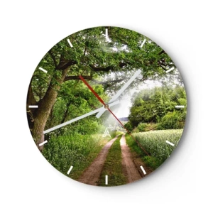 Wanduhr - Glasuhr - Eine Waldstraße zwischen grünen Bäumen und Feldern an einem sonnigen Tag - 30x30cm - Et in Arcadia ego - Moderne Wanddekoration für Wohnzimmer, Küche und Schlafzimmer ARTTOR
