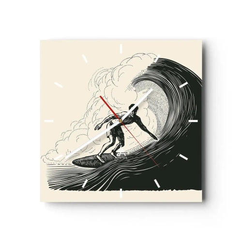 Wanduhr - Glasuhr - Schwarz-Weiß-Grafik eines Surfers, der auf einer Welle reitet - 30x30cm - König der Welle - Moderne Wanddekoration für Wohnzimmer und Schlafzimmer ARTTOR