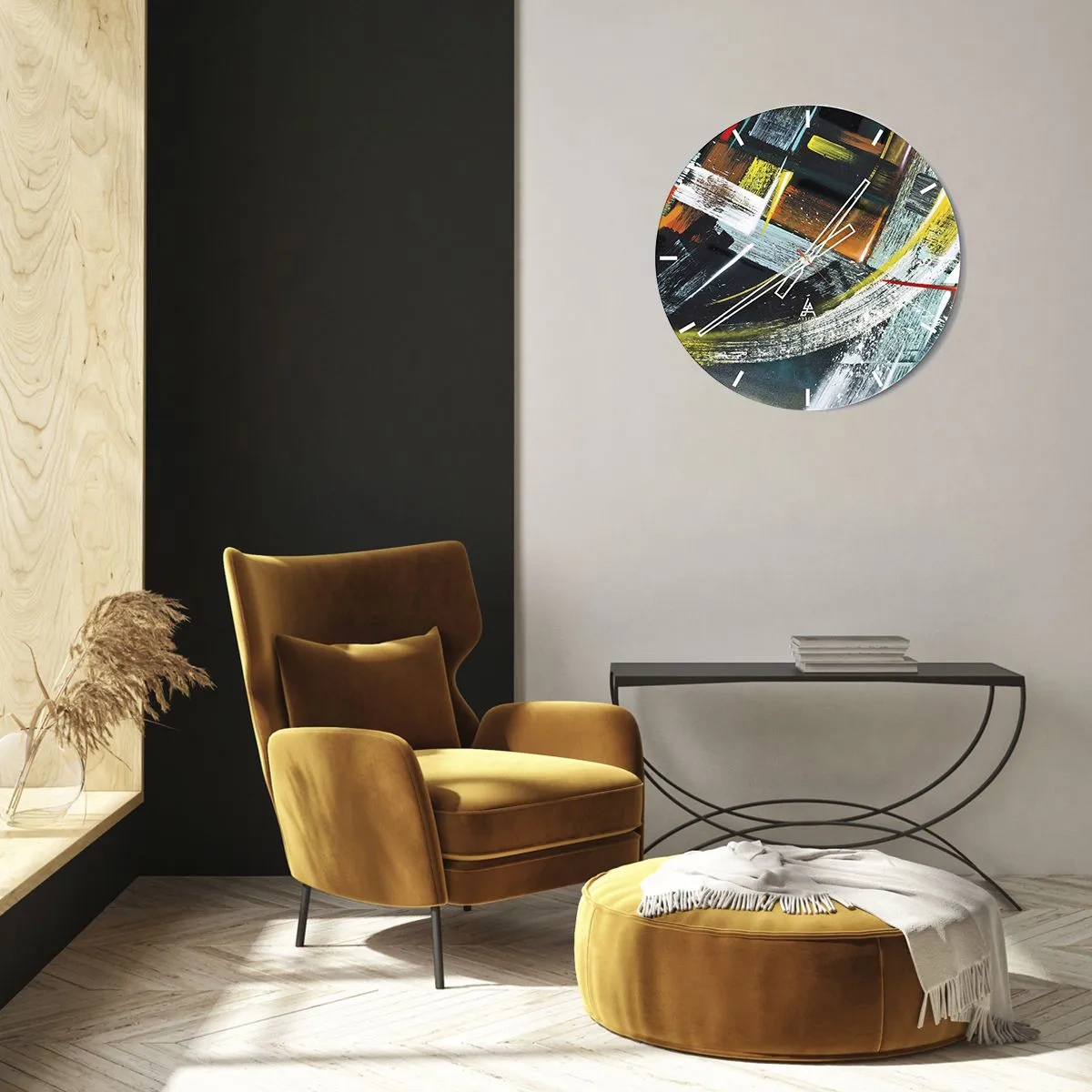 Wanduhr - Glasuhr - Abstrakte Pinselstriche in leuchtenden Farben - 30x30cm - Energie der Bewegung - Moderne Wanddekoration für Wohnzimmer, Küche und Schlafzimmer ARTTOR