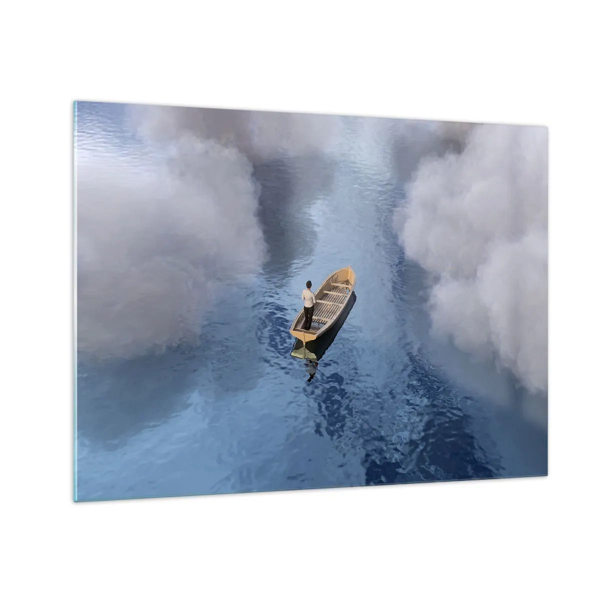 Glasbild - Bild auf glas - Ein Mann in einem Boot, das zwischen den Wolken durch das Wasser segelt - 70x50cm - Leben – Reise – unbekannt - Moderne Wanddekoration für Wohnzimmer und Schlafzimmer ARTTOR