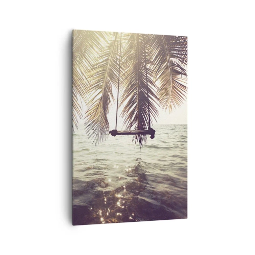 Bild auf Leinwand - Leinwandbild - Palme mit Schaukel über dem Wasser im Sonnenlicht - 80x120cm - Sie können nach Belieben in den Wolken schwingen - Moderne Wanddekoration für Wohnzimmer und Schlafzimmer ARTTOR