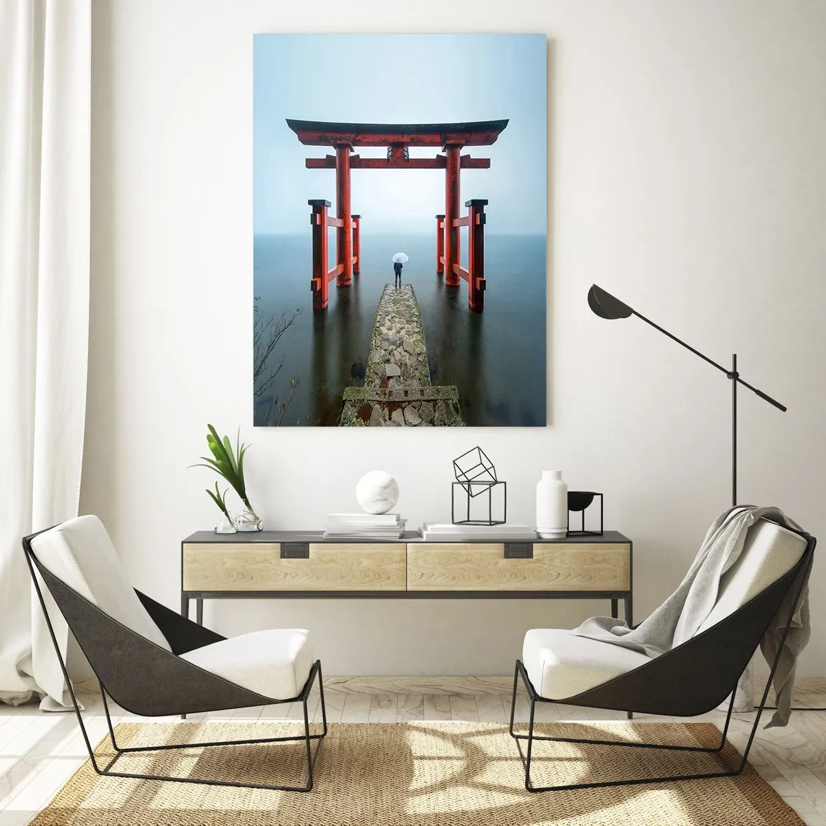 Glasbild - Bild auf glas - Ein Torii-Tor mit Blick auf einen ruhigen See in Japan - 80x120cm - Japanische Träumerei - Moderne Wanddekoration für Wohnzimmer und Schlafzimmer ARTTOR