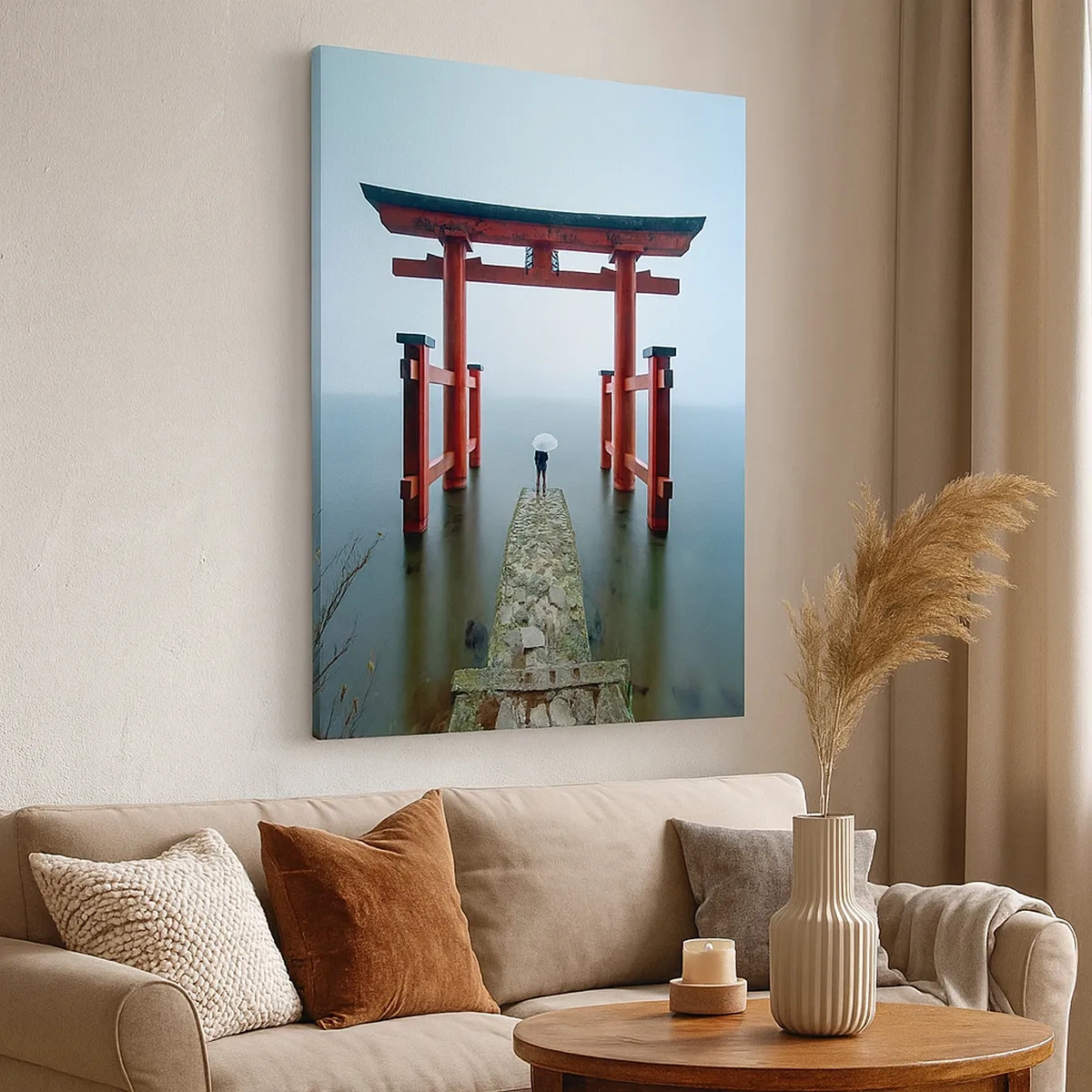 Bild auf Leinwand - Leinwandbild - Ein Torii-Tor mit Blick auf einen ruhigen See in Japan - 50x70cm - Japanische Träumerei - Moderne Wanddekoration für Wohnzimmer und Schlafzimmer ARTTOR