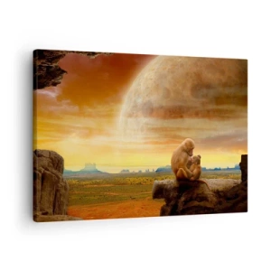 Bild auf Leinwand - Leinwandbild - Affen sitzen auf einem Felsen in einer surrealen Landschaft mit einem riesigen Planeten - 70x50cm - Die Liebe ist überall gleich - Moderne Wanddekoration für Wohnzimmer und Schlafzimmer ARTTOR
