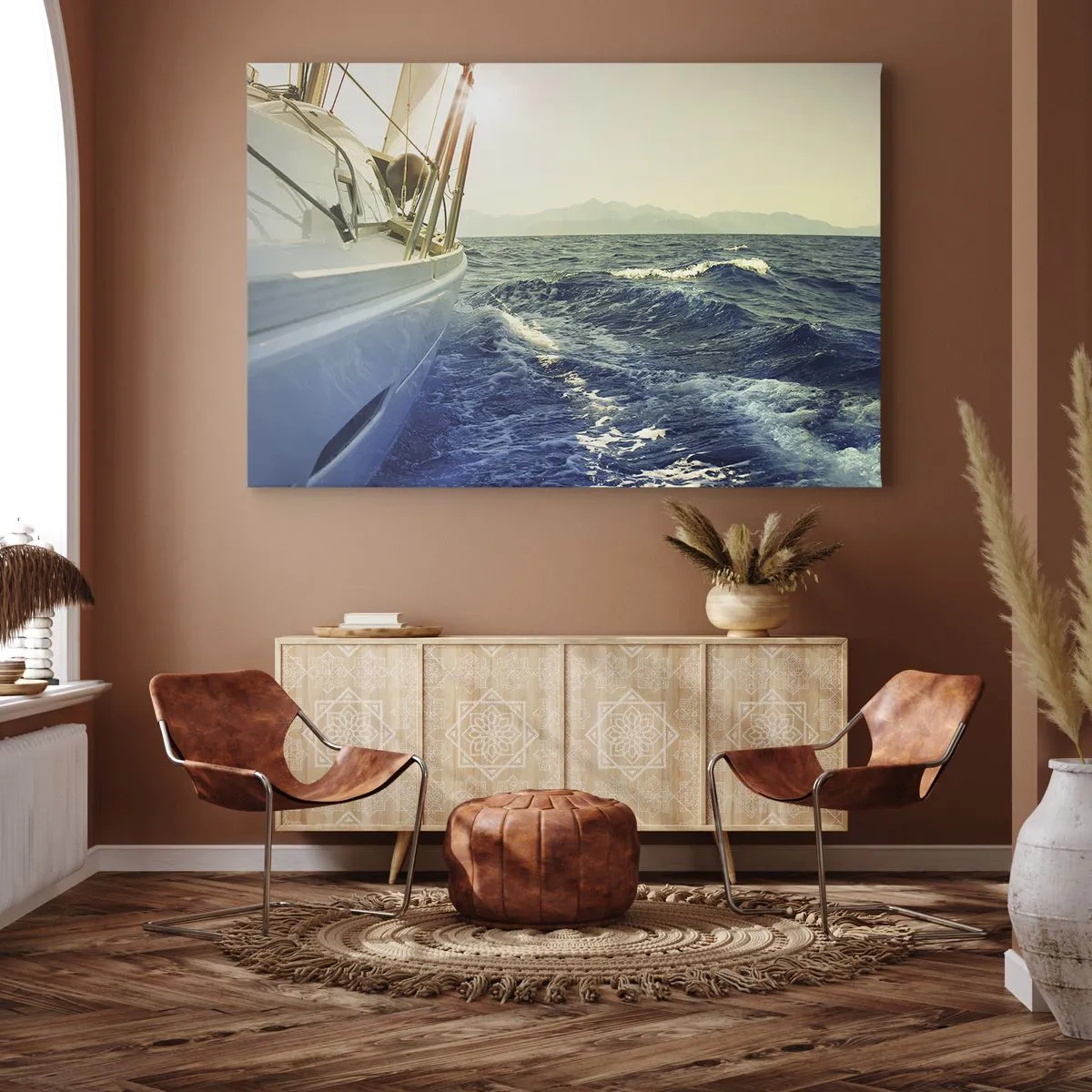 Bild auf Leinwand - Leinwandbild - Eine Yacht auf offener See mit Blick auf die Wellen - 100x70cm - Auf ins Abenteuer - Moderne Wanddekoration für Wohnzimmer und Schlafzimmer ARTTOR