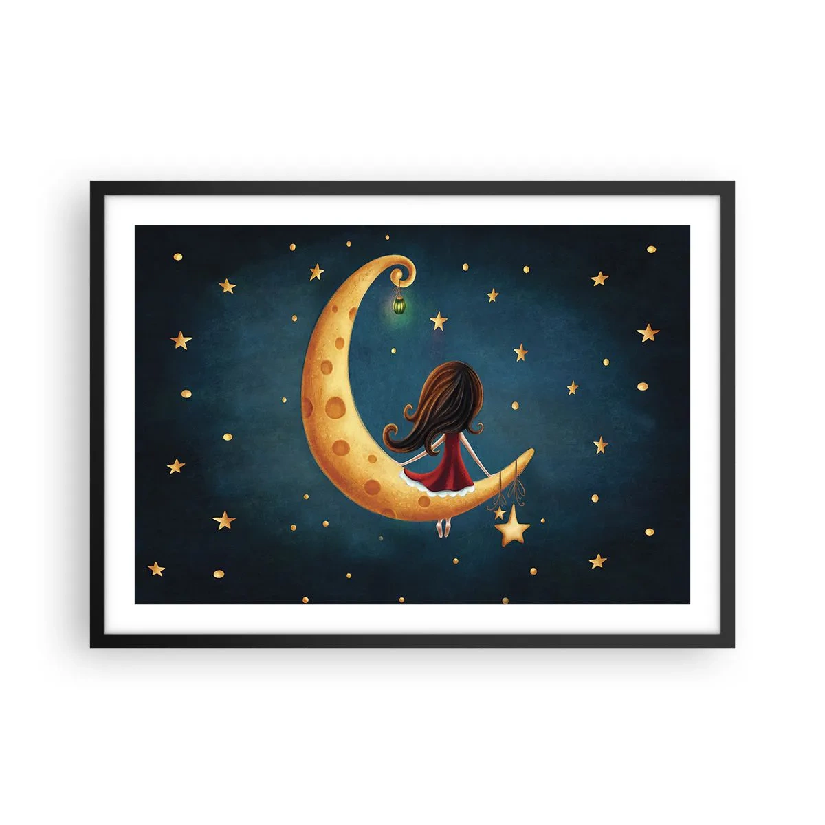 Poster in einem schwarzem Rahmen - Ein Mädchen auf dem Mond, umgeben von Sternen - 70x50cm - Einmal… - Moderne Wanddekoration für Wohnzimmer und Schlafzimmer ARTTOR